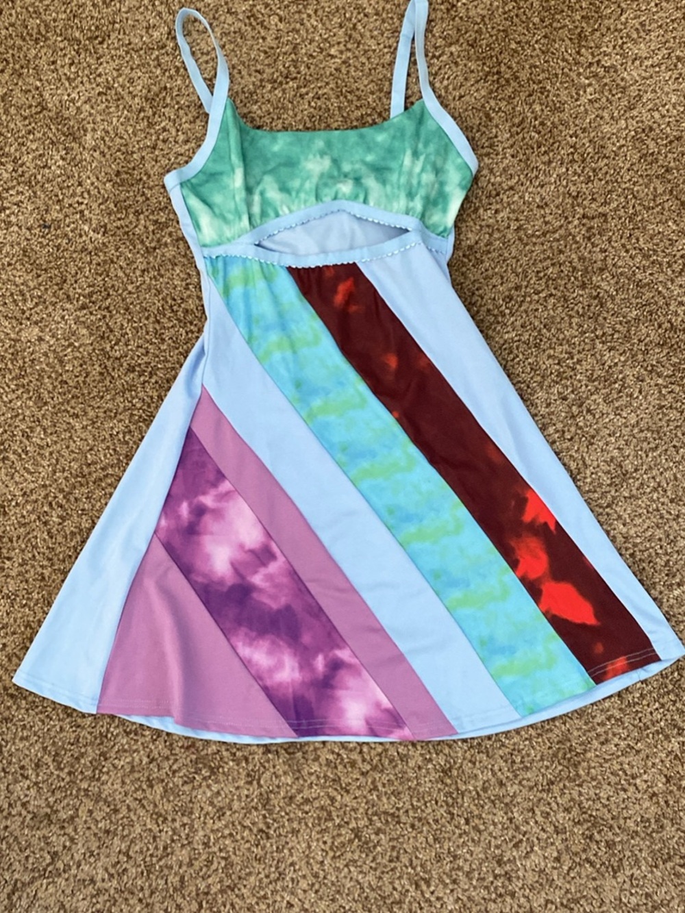 Amazon Pastel Blue Mini Dress with Multicolor Tie-Dye Stripes